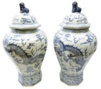 Large pair of Chinese blue & white vases octagonal baluster bodies decorated with four clawed