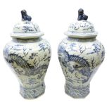 Large pair of Chinese blue & white vases octagonal baluster bodies decorated with four clawed