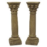 Pair stone effect Corinthian style pedestal stands, acanthus leaf capitals on fluted columns,