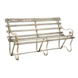 20th century garden bench, painted bent wrought metal supports with pine slats,