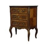 20th century French ormolu mounted and inlaid kingwood serpentine front secretaire chest of three