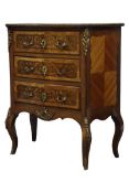 20th century French ormolu mounted and inlaid kingwood serpentine front secretaire chest of three