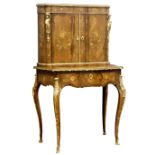 20th century French ormolu mounted marquetry, Bonheur du Jour, raised serpentine top with two doors,
