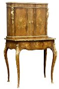 20th century French ormolu mounted marquetry, Bonheur du Jour, raised serpentine top with two doors,