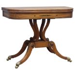 Regency mahogany card table, fold over swivel top with rosewood banding and scrolled inlay,