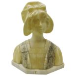 Early 20th century carved alabaster bust of a young girl wearing a bonnet,