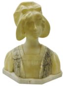 Early 20th century carved alabaster bust of a young girl wearing a bonnet,