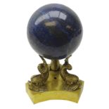 Polished Lapiz Lazuli sphere approx 9cm on gilt bronze openwork support in the form of three