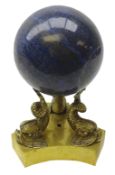 Polished Lapiz Lazuli sphere approx 9cm on gilt bronze openwork support in the form of three