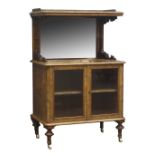 Victorian Burr walnut music cabinet, brass galleried top on scroll supports above a mirror,