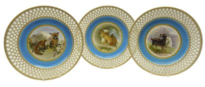 Set of three late Victorian Minton cabinet plates hand painted after Edwin Landseer with pair