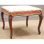 Victorian mahogany footstool, cabriole supports, upholstered in floral fabric, W60cm, H48cm,