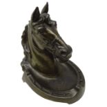 Early 20th century patinated spelter equestrian Inkstand, Horsehead cover hinged to reveal inkwell,