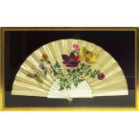 Victorian silk Fan, worked in bright colours with flowers, watercolour detail and bone sticks,