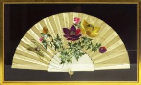 Victorian silk Fan, worked in bright colours with flowers, watercolour detail and bone sticks,