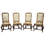Set of four Queen Anne style walnut dining chairs, high back with shaped top rail,