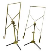 Pair table top gilt cast metal music stands with adjustable stem on tripod base,