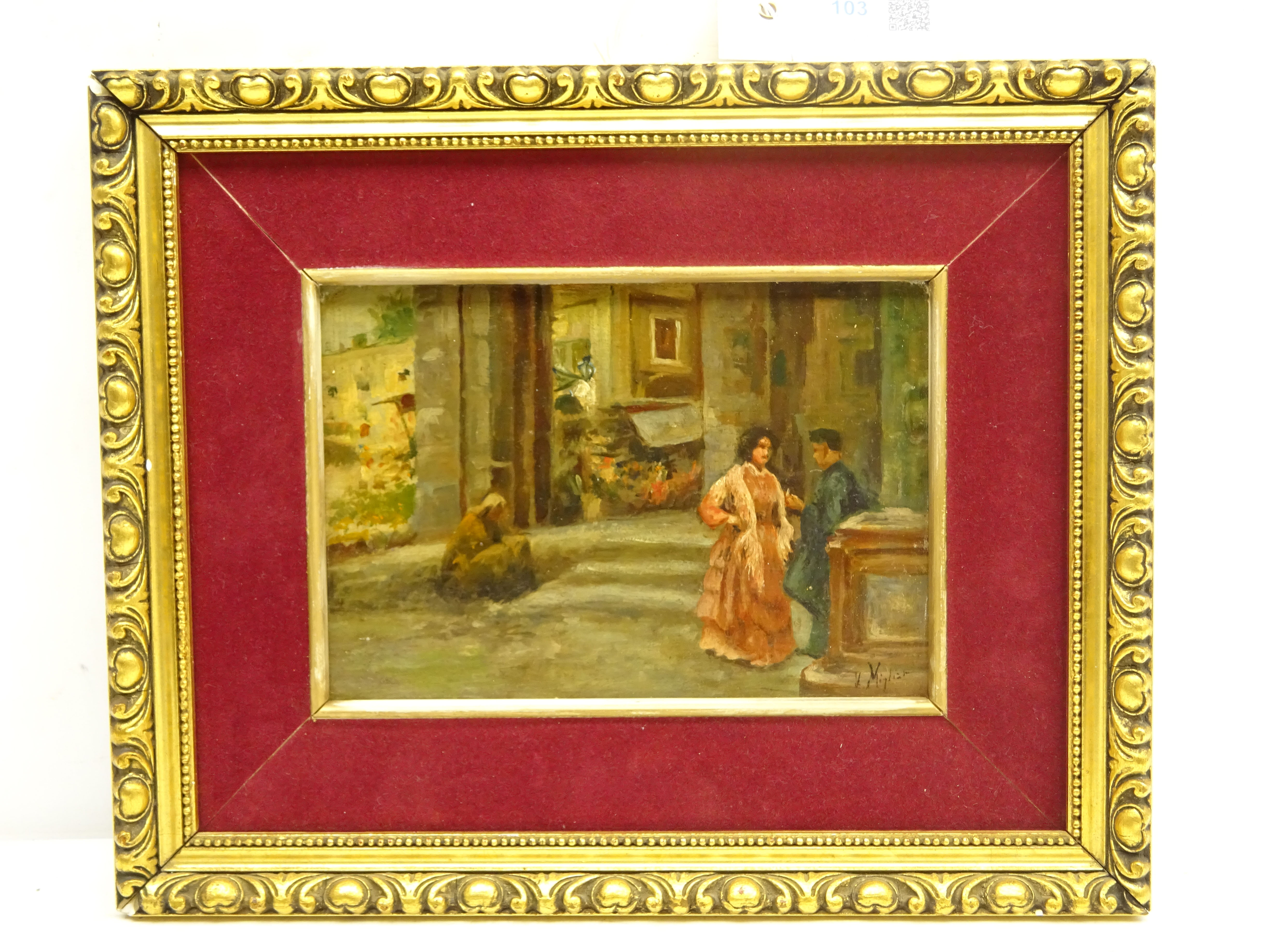 Vincenzo Migliaro (Italian 1858-1938): Figures in a Piazza, oil sketch on panel signed, - Image 2 of 2