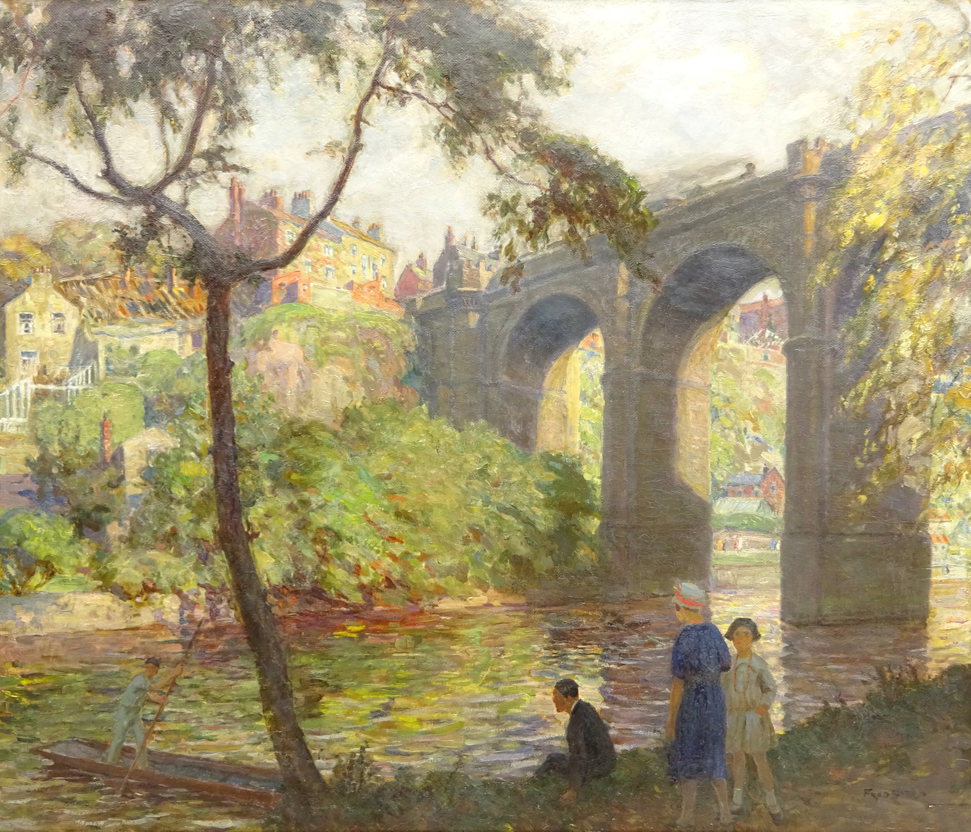 Frederick (Fred) Stead (British 1863-1940): Knaresborough with a Steam Train crossing the Viaduct,