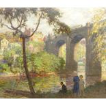 Frederick (Fred) Stead (British 1863-1940): Knaresborough with a Steam Train crossing the Viaduct,