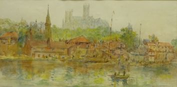 Mary Weatherill (British 1834-1913): Lincoln Cathedral from Brayford Pool,