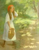 English School (Early 20th century): Girl in Woodland setting collecting Water,