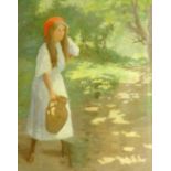 English School (Early 20th century): Girl in Woodland setting collecting Water,