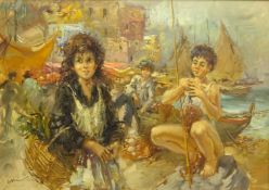 Nino Salvadori Esposito (Italian 1918-): Young Fisher Folk by the Harbourside,