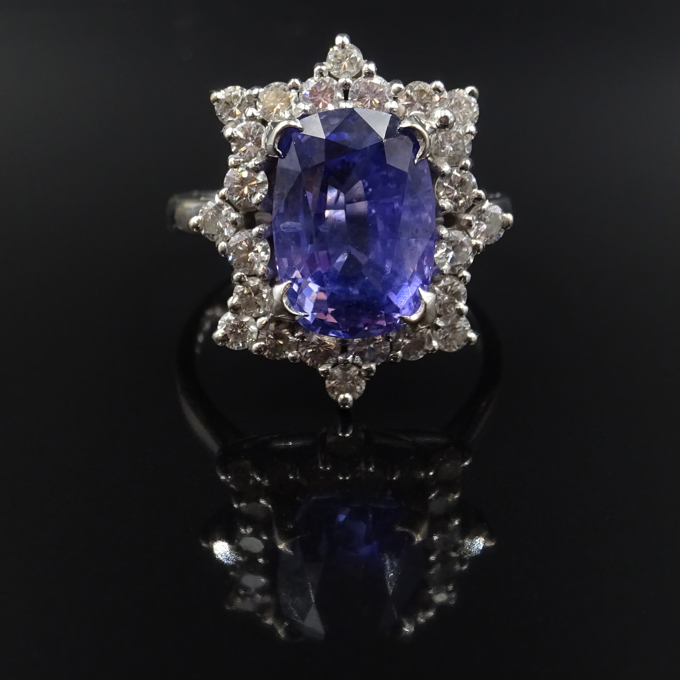 White gold emerald cut purple sapphire and diamond cluster ring, - Image 3 of 7