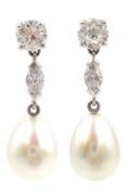 Pair of 18ct white gold South Sea pearl, marquise and round brilliant cut diamond pendant ear-rings,