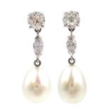 Pair of 18ct white gold South Sea pearl, marquise and round brilliant cut diamond pendant ear-rings,