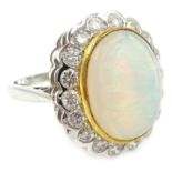 Opal and diamond white gold cluster ring hallmarked 18ct Condition Report Approx 9.