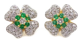Pair of 18ct gold diamond and emerald flower head ear-rings Condition Report Gold