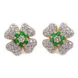 Pair of 18ct gold diamond and emerald flower head ear-rings Condition Report Gold