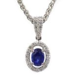 White gold sapphire and diamond cluster pendant, hallmarked 18ct,