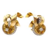 Pair of 18ct gold diamond crescent ribbon ear-rings circa 1950,