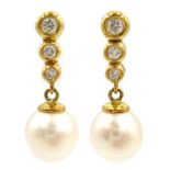 Pair of 18ct gold graduating three stone diamond and pearl pendant ear-rings,