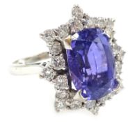 White gold emerald cut purple sapphire and diamond cluster ring,