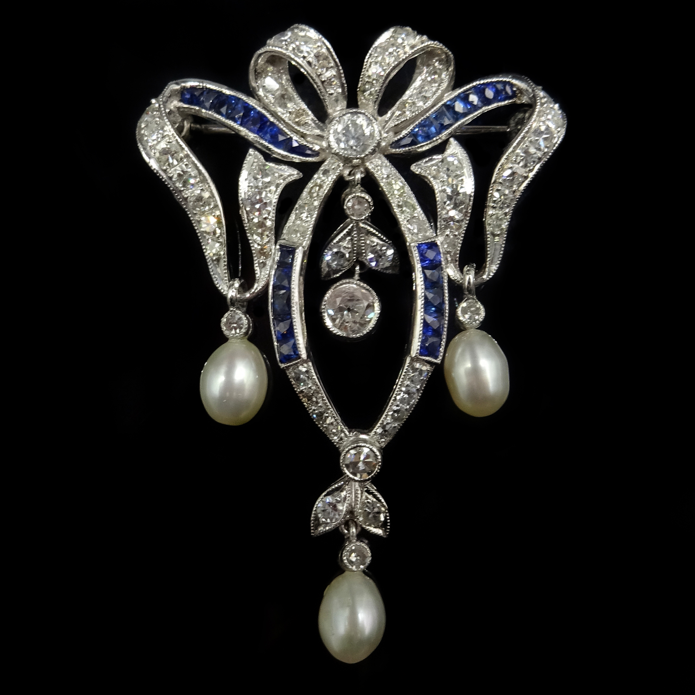 Diamond, sapphire and pearl white gold bow brooch, - Image 5 of 5