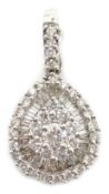 Baguette and round brilliant cut diamond white gold pendant,