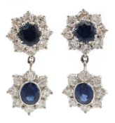 Pair of 18ct gold white gold sapphire and diamond double cluster pendant ear-rings,