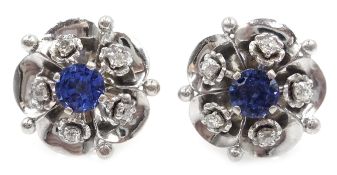 Pair of 18ct white gold sapphire and diamond flower petal ear-rings,