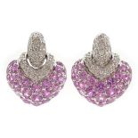 Pair of 18ct white gold pink sapphire and diamond heart shaped articulated ear-rings,