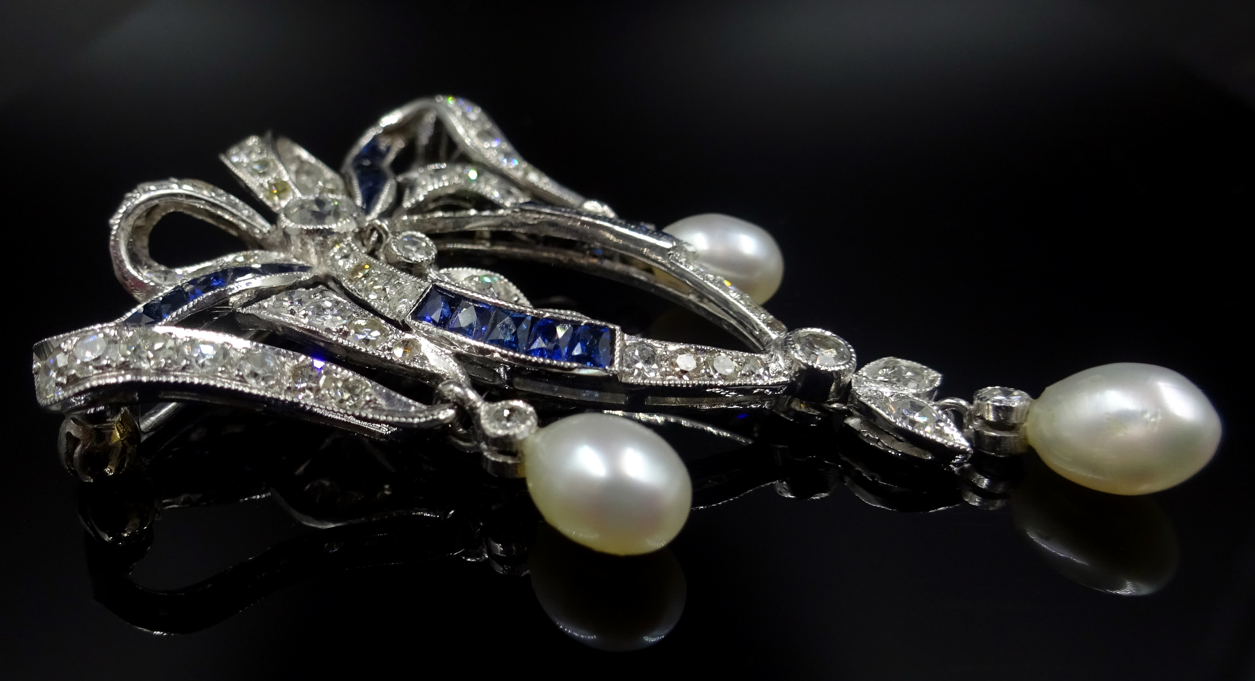 Diamond, sapphire and pearl white gold bow brooch, - Image 3 of 5