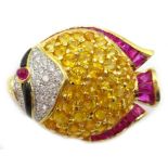 18ct gold enamel fish brooch set with yellow and white diamonds and rubies Condition