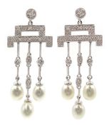 Pair of 18ct white gold Art Deco style pearl and diamond pendant ear-rings,
