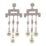 Pair of 18ct white gold Art Deco style pearl and diamond pendant ear-rings,