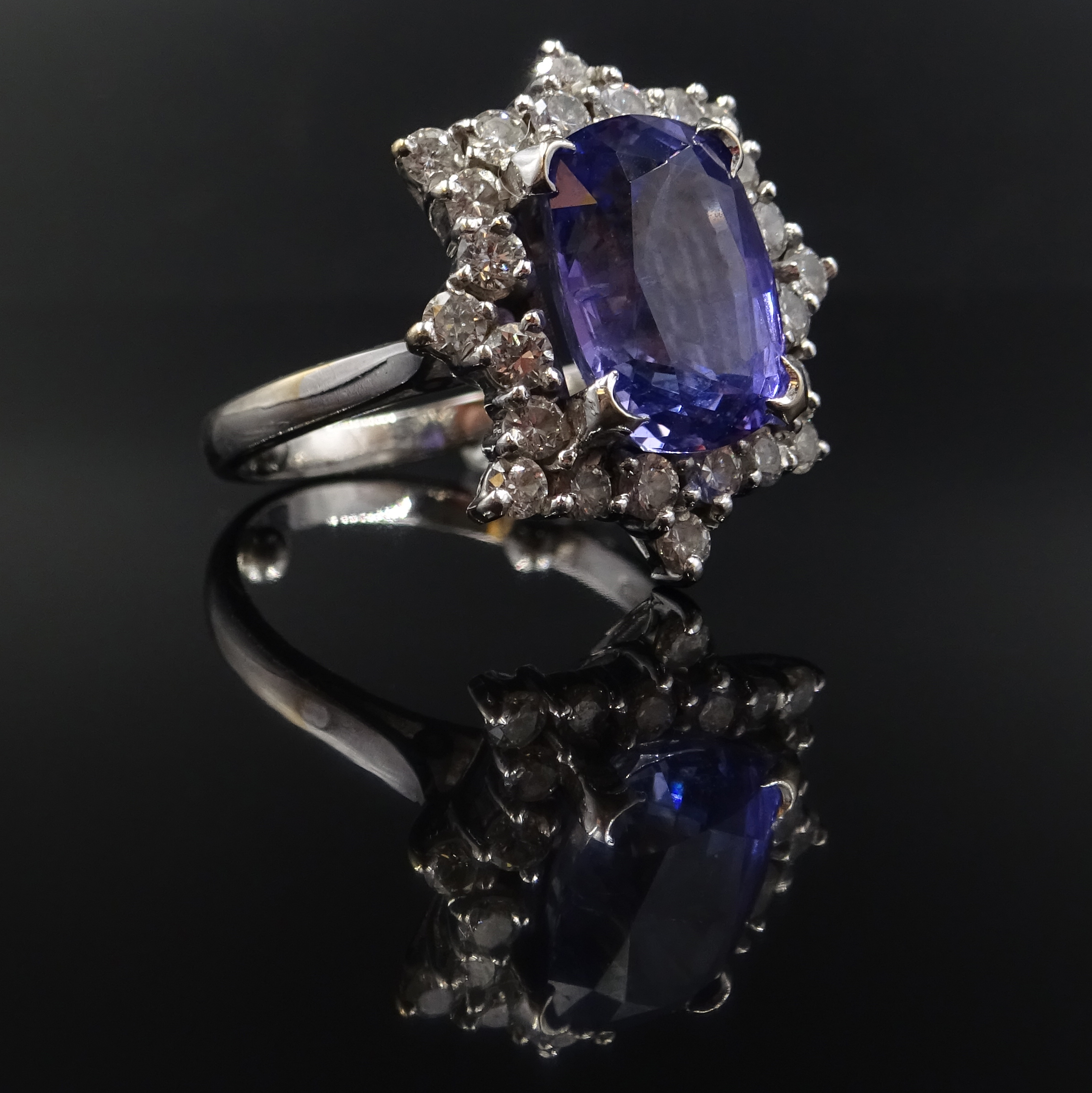 White gold emerald cut purple sapphire and diamond cluster ring, - Image 2 of 7