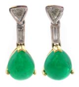 Pair of 18ct gold trillion and baguette cut diamond and jade pendant ear-rings Condition