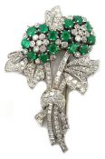 Emerald and diamond posy hair pin, diamonds approx 5 carat, emeralds approx 2.